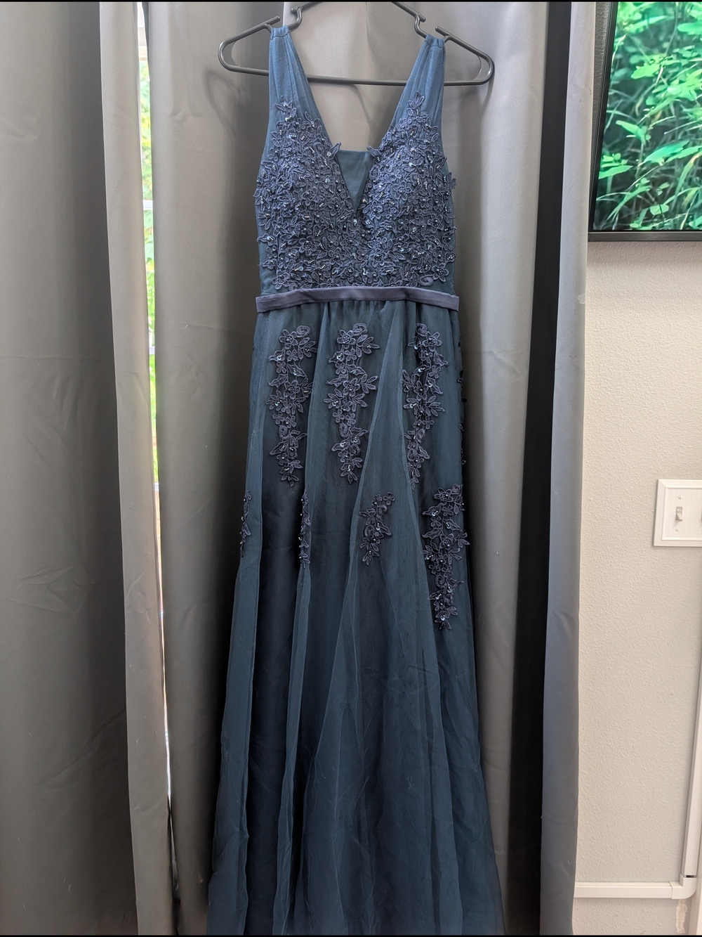 Whimsical Navy Blue Embroidered Evening Gown SZ 6